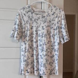 LOFT White Tee with Blue Bird & Floral Motif
